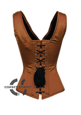 Brown Satin Shoulder Straps Seal Lock Opening Gothic Burlesque Bustier Waist Training Overbust Corset Costume